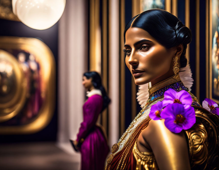 Traditional Indian Attire Woman with Gold Jewelry and Purple Flowers Beside Ornate Paintings