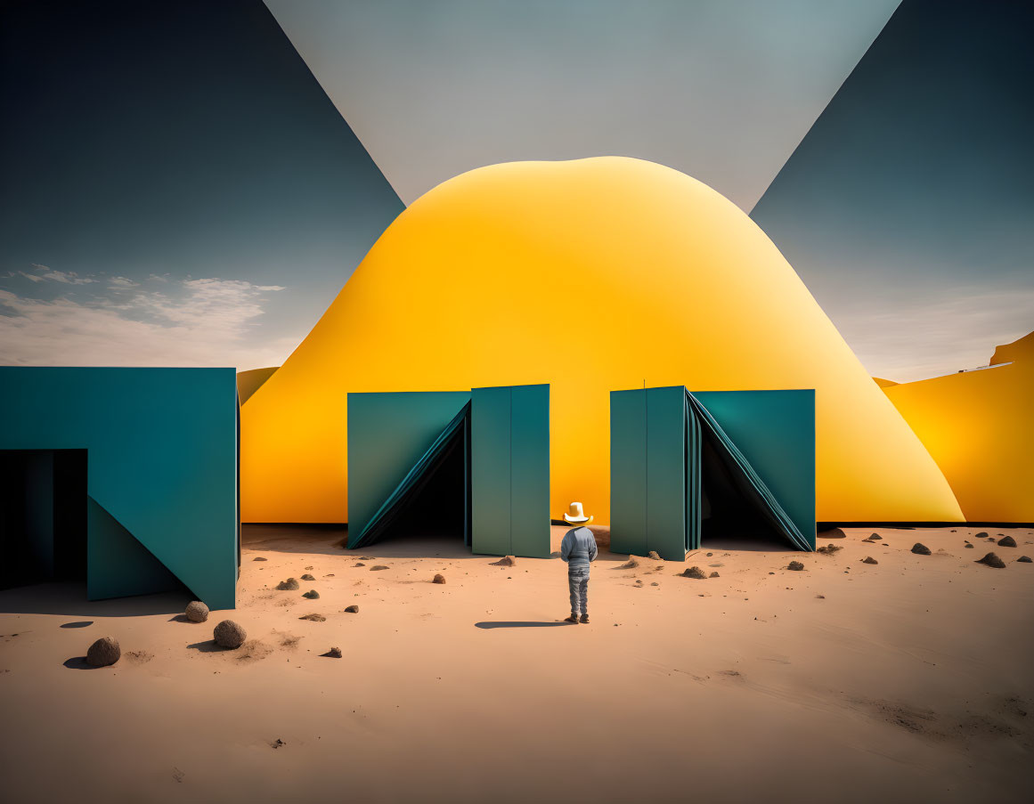 Surreal architectural structure with teal walls and yellow dome under blue sky