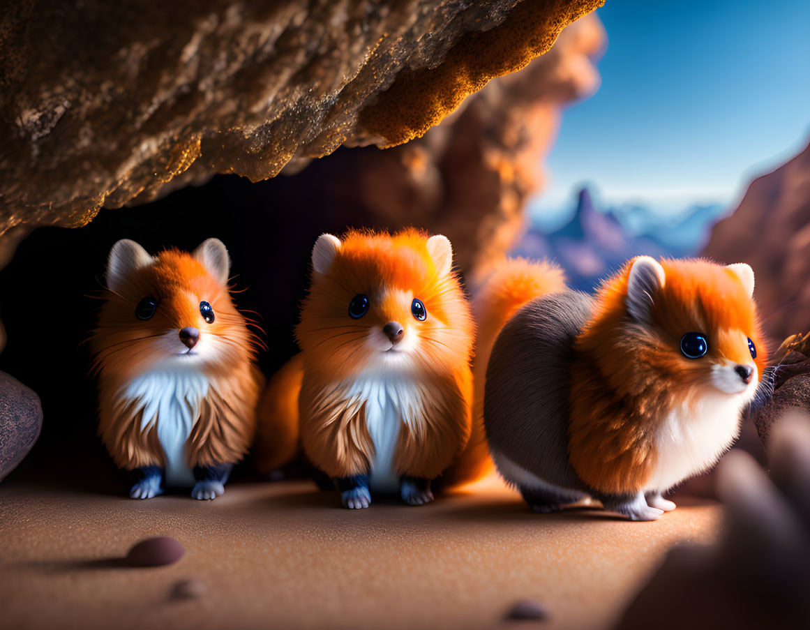 Three cute animated hamsters in desert setting