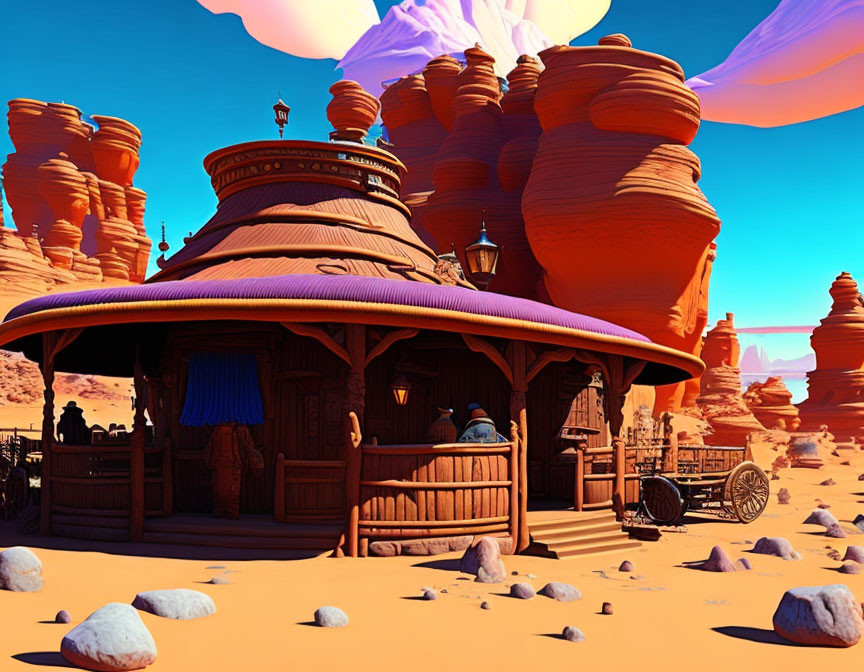 Vibrant wild west desert scene with whimsical rock formations, saloon, wagon, and swirling