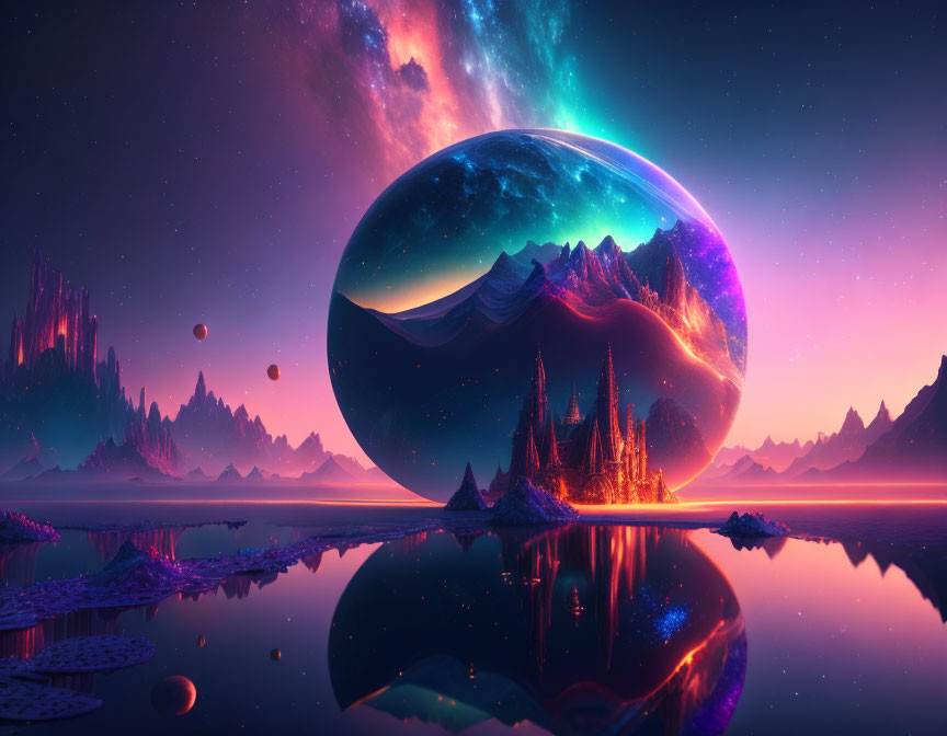 Sci-fi landscape with reflective sphere, mountains, galaxy, and starry sky