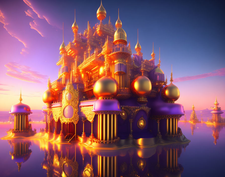 Golden palace with spires and domes in sunset reflection