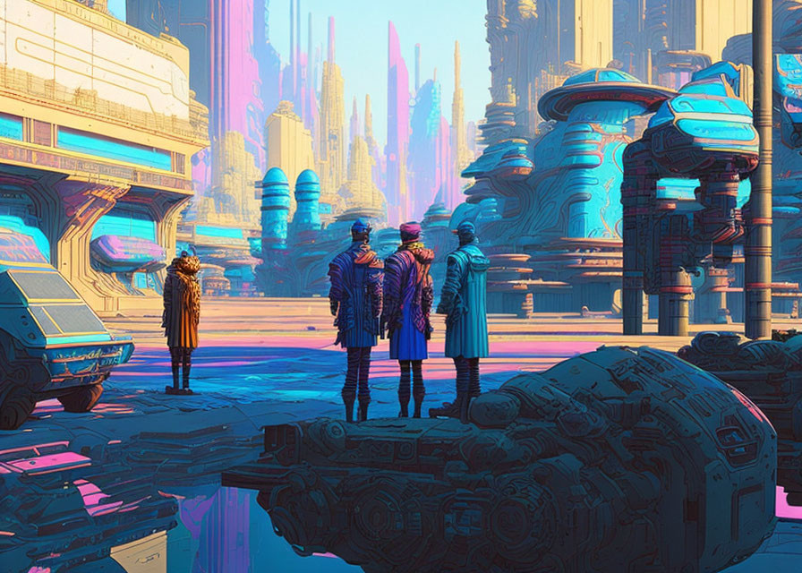 Futuristic characters in neon-lit cityscape with skyscrapers