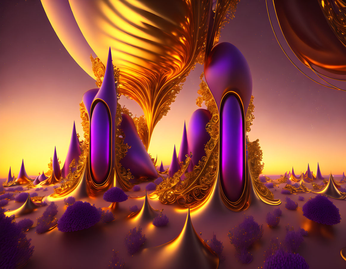 Golden purple organic structures in surreal landscape under orange sky