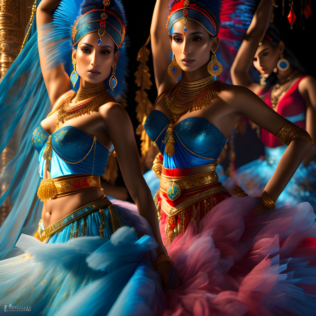 Traditional attire: Two women in blue and red with gold jewelry on colorful background