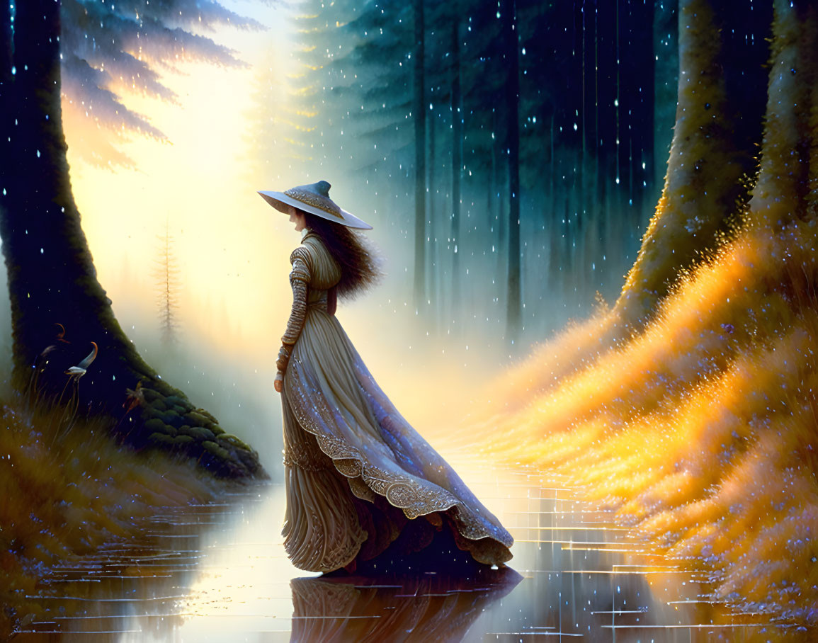 Woman in vintage dress and hat by mystical forest river with sunbeams and rain