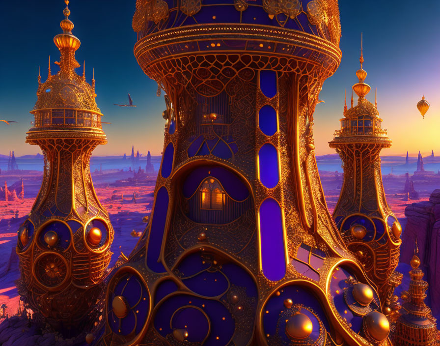 Fantastical cityscape at dusk with golden and blue ornate towers