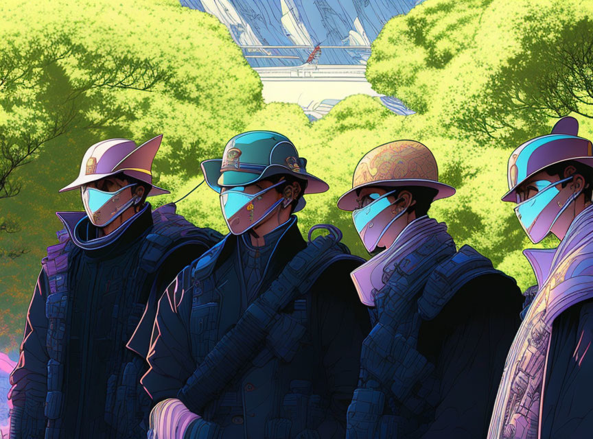 Four stylized characters with masks and unique hats in front of lush green trees and distant structure