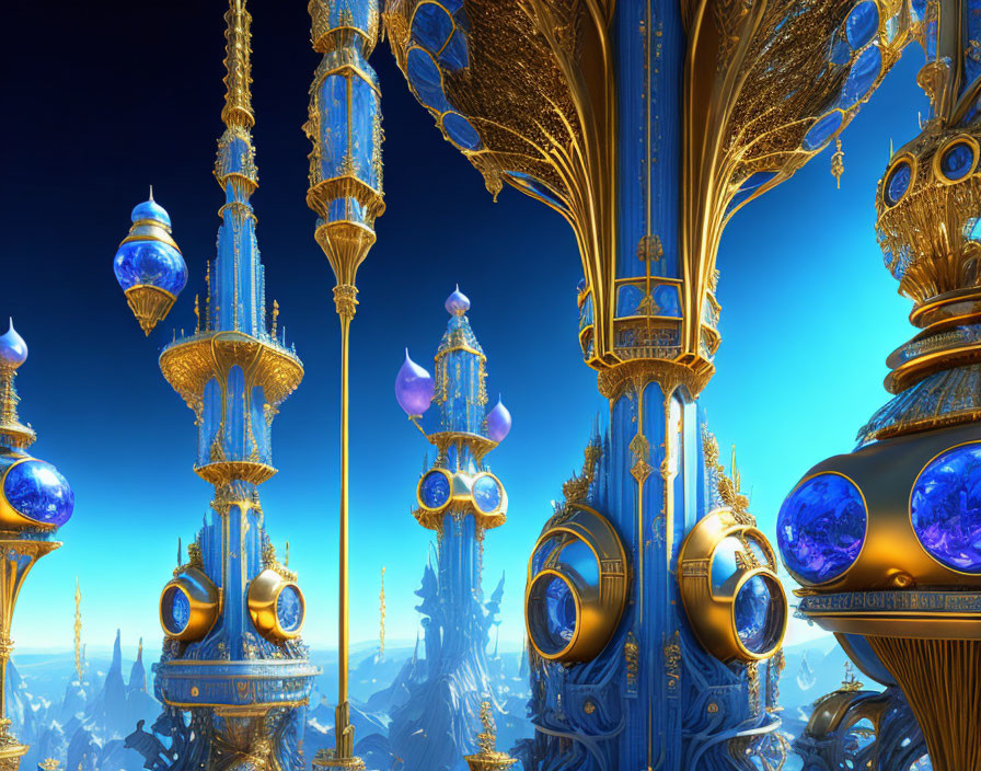 Golden architectural structures with spires and blue orbs against a bright blue sky