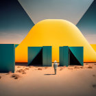 Surreal architectural structure with teal walls and yellow dome under blue sky