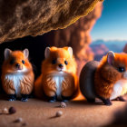 Three cute animated hamsters in desert setting