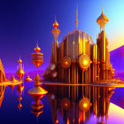 Vibrant digital artwork of a fantastical palace at dusk