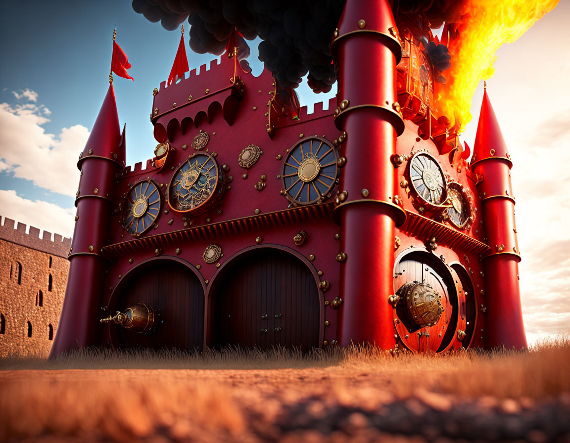 Red castle with clock features, turrets, and fire-breathing dragon in dramatic sky