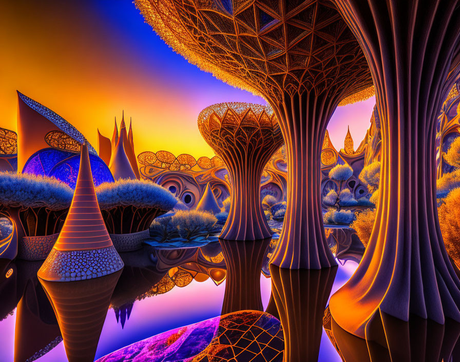 Colorful digital artwork featuring psychedelic tree-like forms on fractal structures against orange and blue sky.