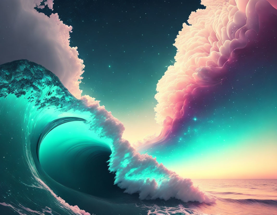 Colorful Ocean Scene with Curling Wave and Starry Sky at Dusk