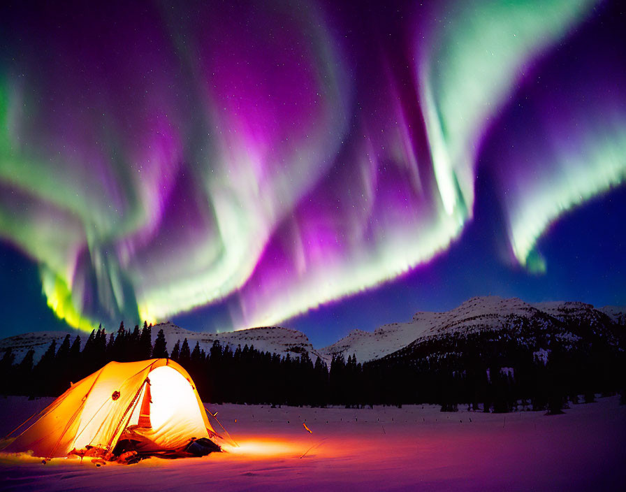 Snowy Landscape: Brightly Lit Tent & Aurora Borealis Display