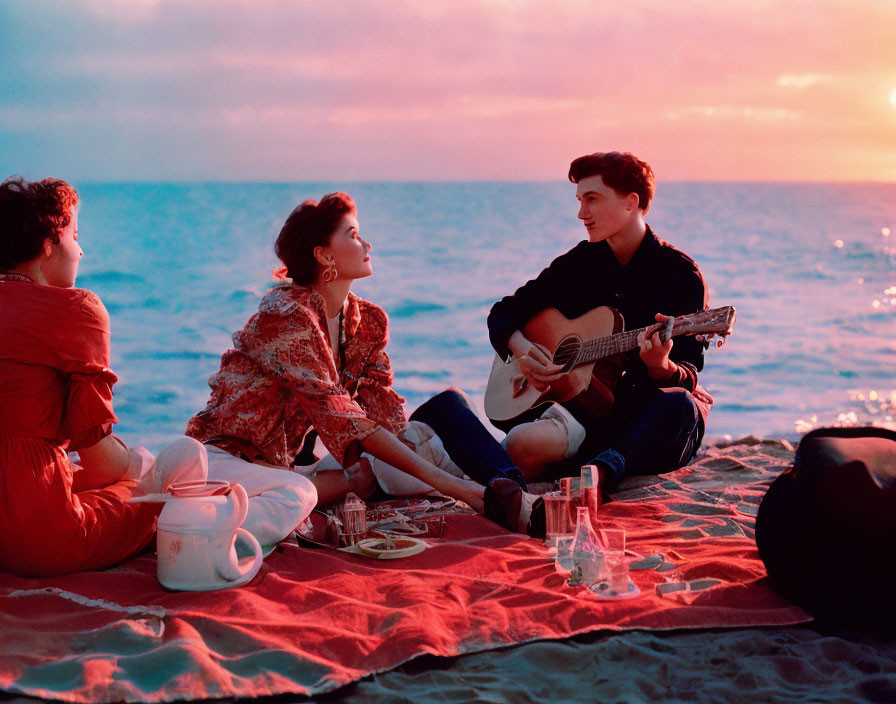 Friends Beach Picnic at Sunset with Guitarist