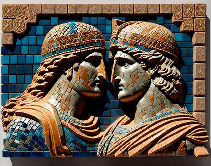 Figurative mosaic art with detailed helmeted figures on blue background