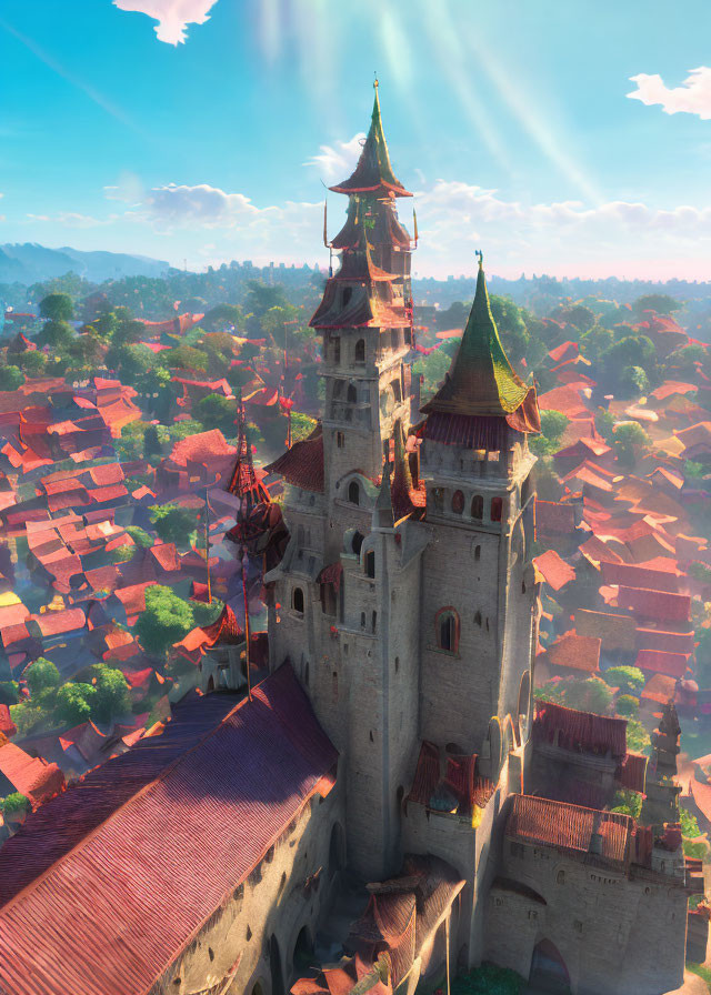 Majestic fairytale castle and sunny village scene