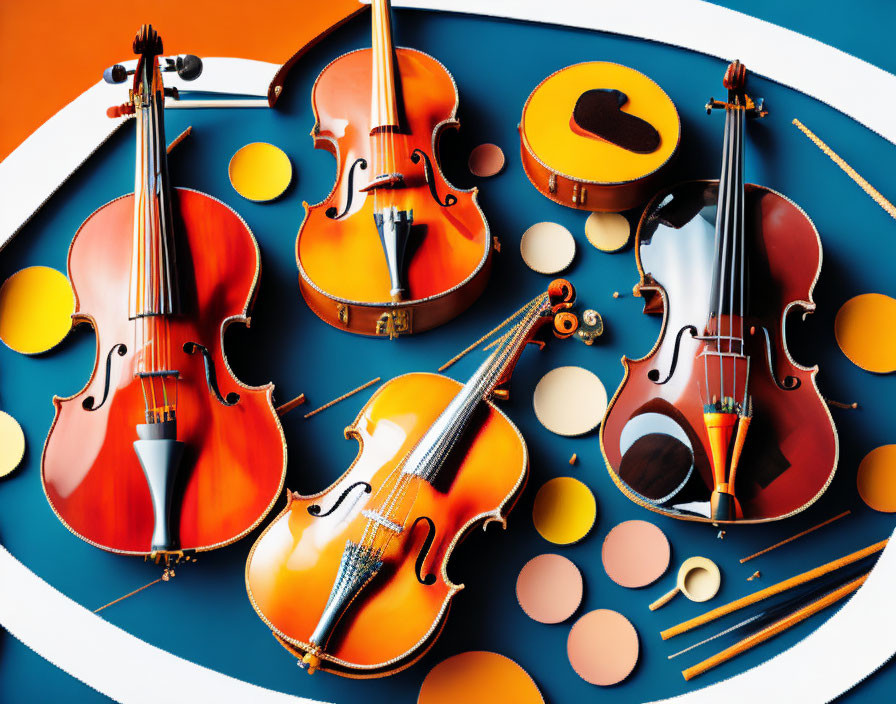 String Instruments with Bows and Colorful Circles on Blue Background