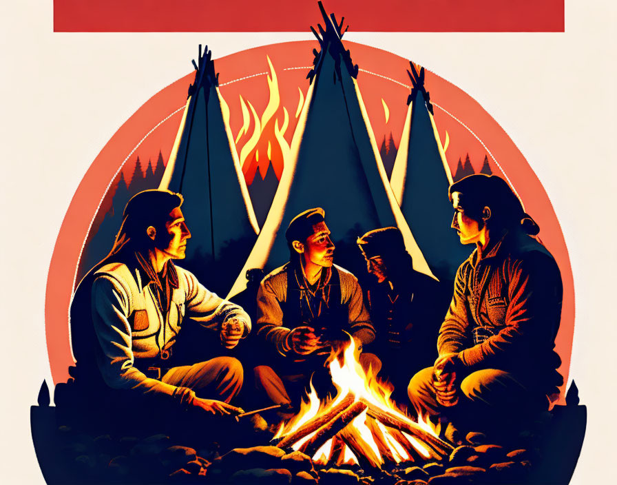 Three People Around Campfire with Teepees in Reddish Palette