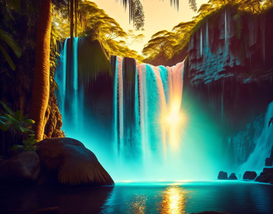 Tranquil waterfall with radiant sun, mist, and lush foliage