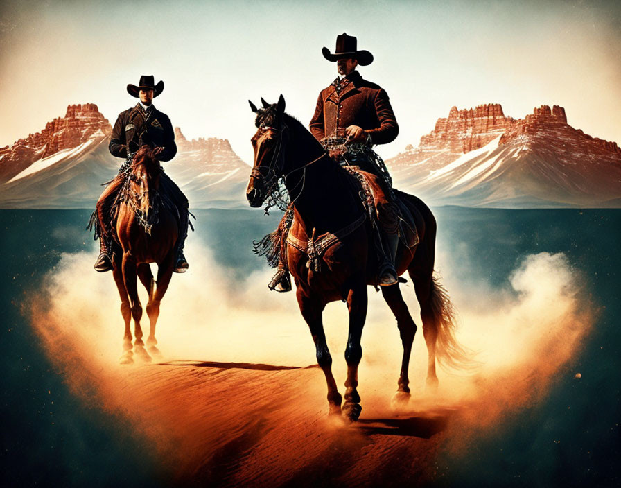 Cowboys on horseback in dusty landscape with buttes and blue sky