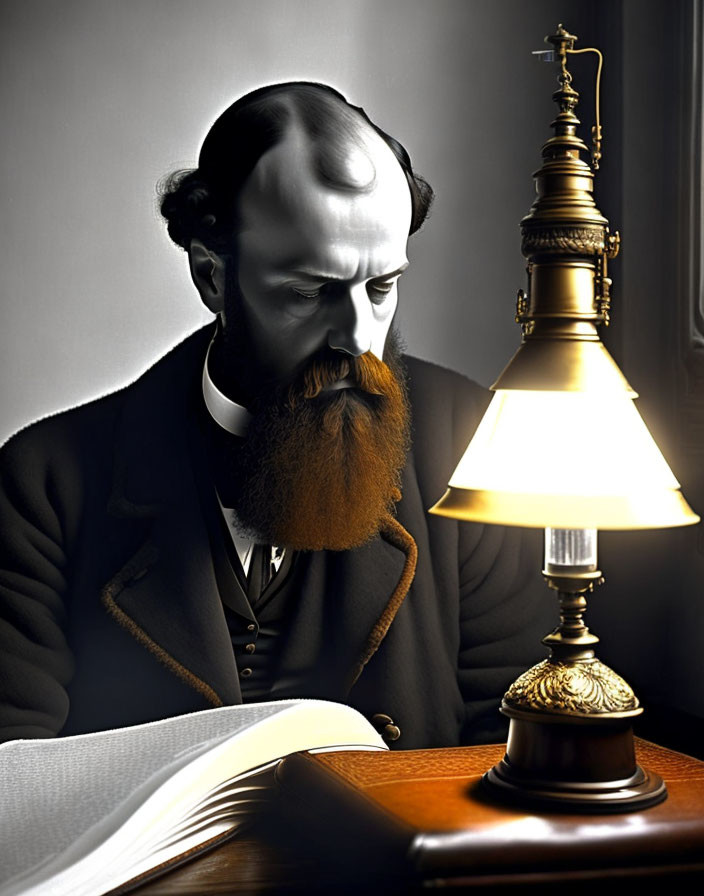 Prominent Bearded Man Reading Book Under Classic Desk Lamp