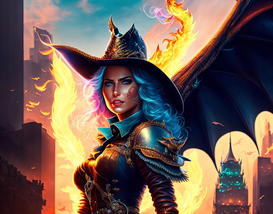 Fantasy Artwork: Woman with Blue Hair, Fiery Wings, and Armor