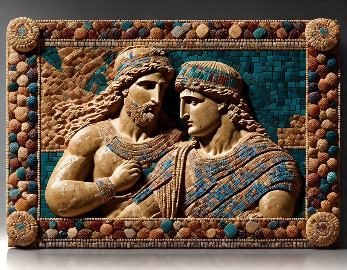 Detailed 3D artwork of two figures in ancient attire against mosaic backdrop