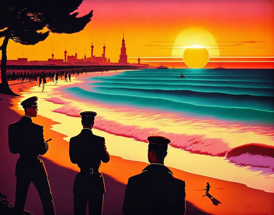 Silhouetted figures in uniform at beach sunset with city skyline.