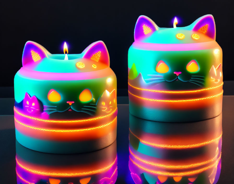 Colorful Cat-Shaped Neon Gradient Candles with Lit Wicks