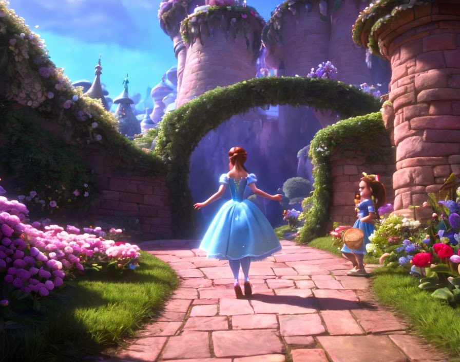 Animated scene: Two characters in elegant dresses walking in vibrant garden with castles.