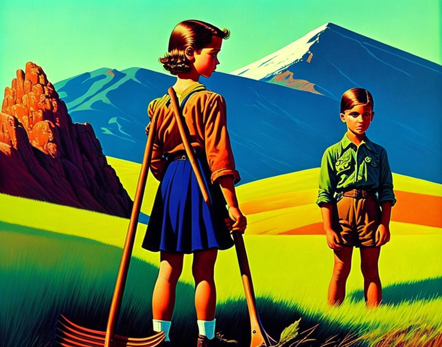 Stylized children with gardening tools in vibrant landscape