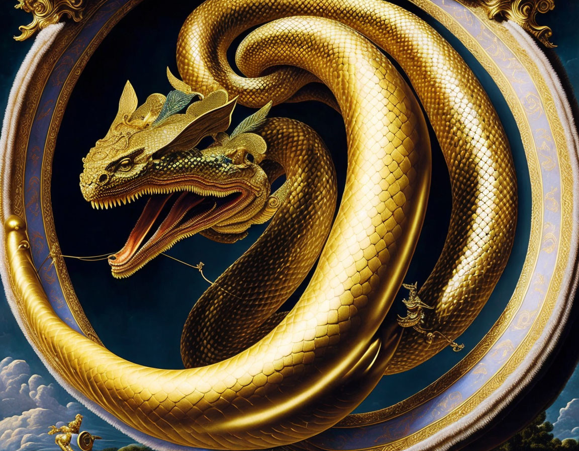 Golden dragon with intricate scales against dramatic sky, roaring with tiny figures.