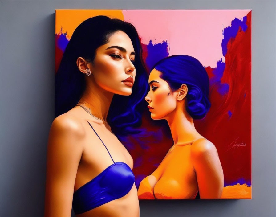 Colorful painting: Two women with contrasting skin tones in vibrant blue and red backdrop