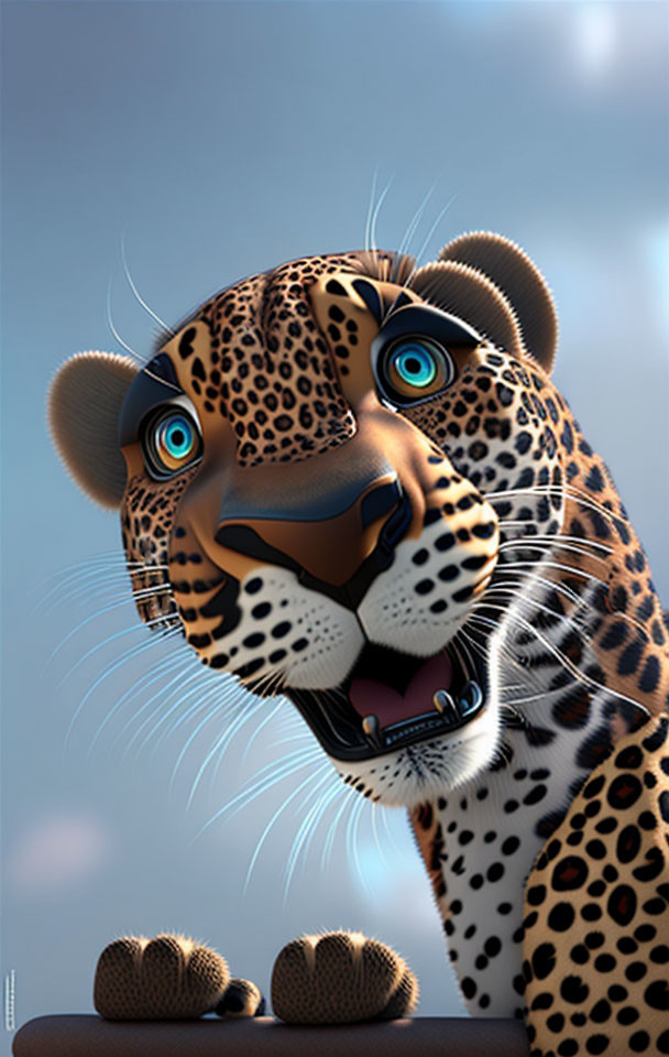 Detailed 3D animated leopard with bright blue eyes and surprised expression