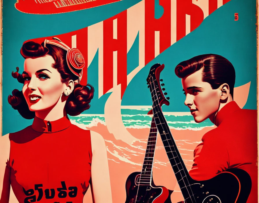 Stylized man and woman in red outfits with guitar on vintage poster