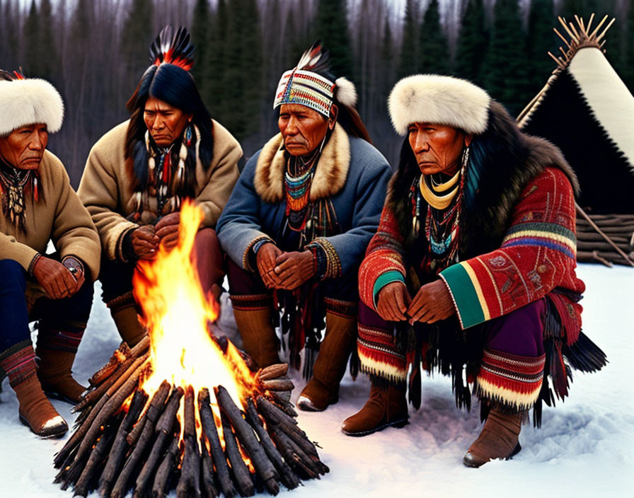 Four people in indigenous attire by campfire with teepees & forest.