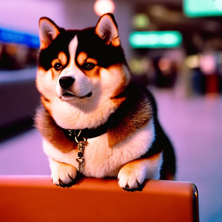 Shiba Inu dog sitting on suitcase in airport/train station setting