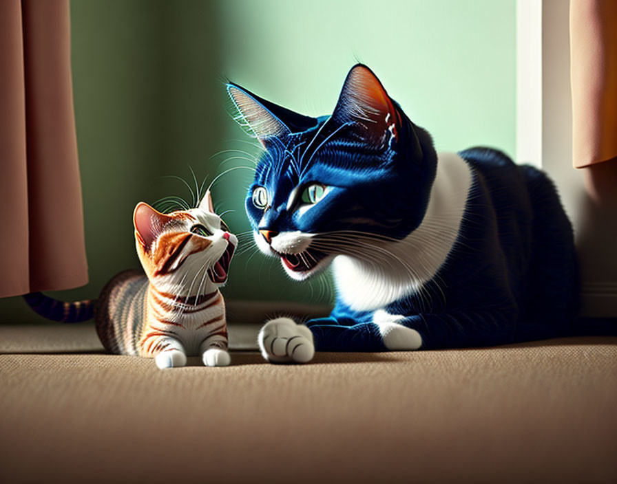 Two Cats, Small Orange and Large Black & White, Playful Indoors by Curtains