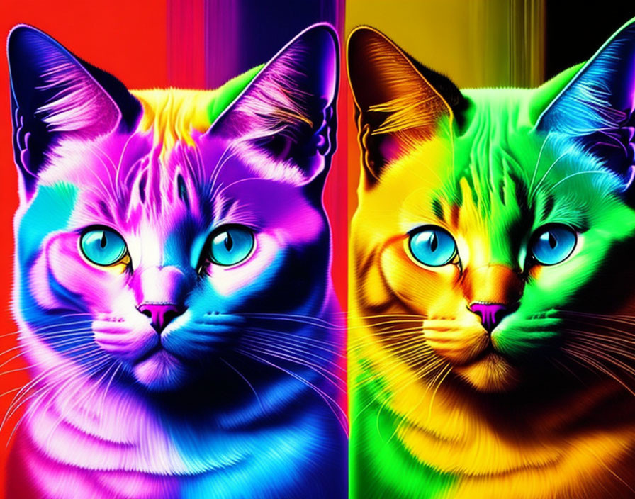 Vibrant neon-colored cats with green eyes on split multicolored background