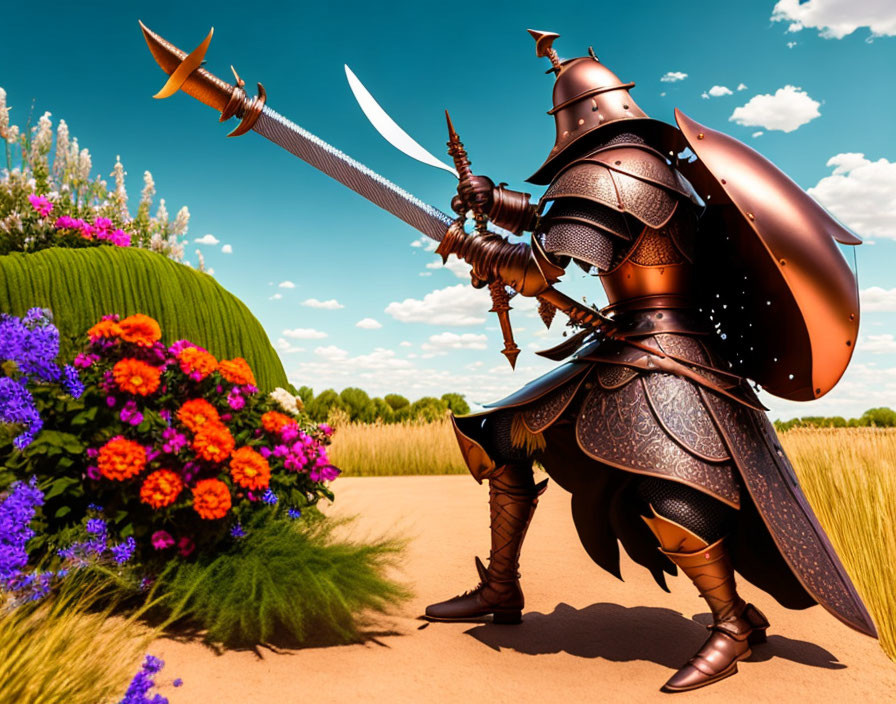 Armored knight with sword and shield in vibrant field under blue sky