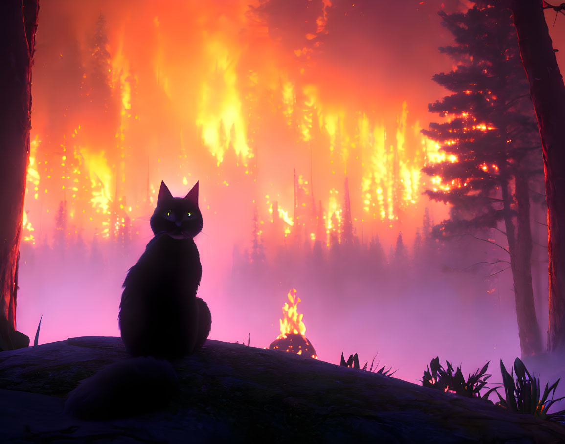 Black cat on rock with backdrop of raging forest fire at night