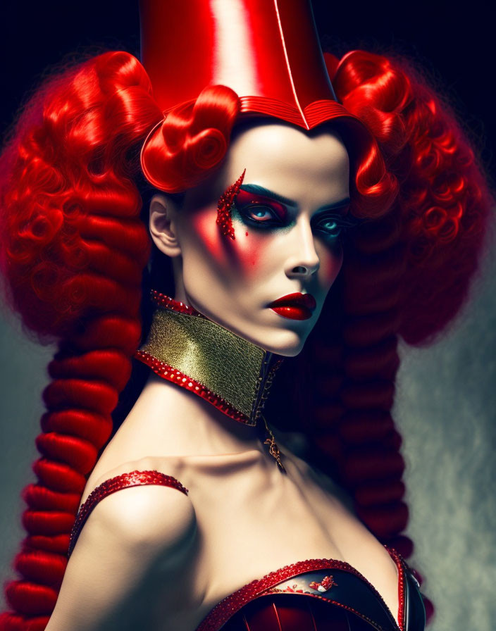 Vibrant red-haired woman with tall crown and bold makeup