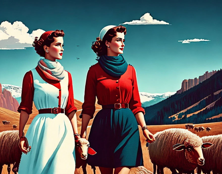 Stylized vintage women with scarves in pastoral scene