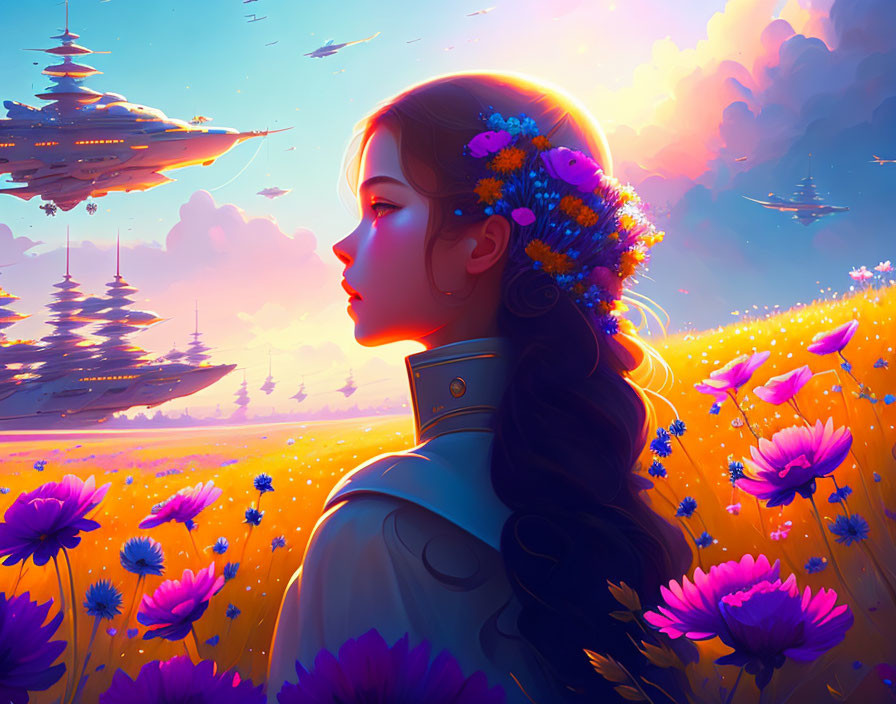 Woman with floral headdress gazes at floating cities above vibrant flower field