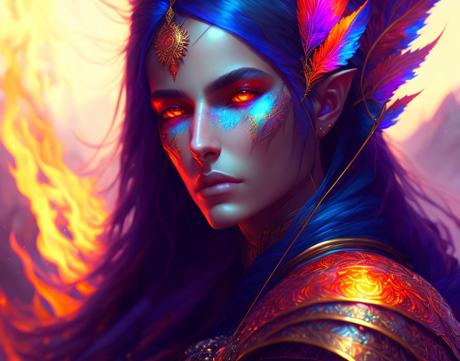 Fantasy character with blue skin, vibrant feathers, golden armor, fiery backdrop