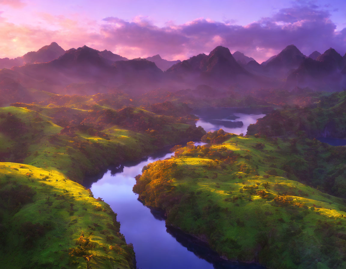 Tranquil Dawn Landscape: Purple Skies, Green Hills, Winding River