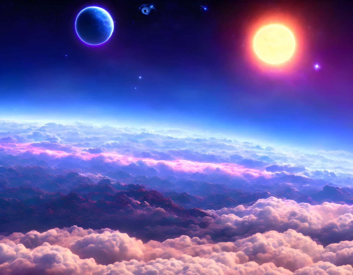 Sunset-themed space scene with sun, Earth-like planet, and satellite above clouds